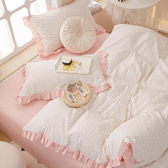 Pink Flower Comforter Set Twin XL 3 Pieces Ruffle Comforter Botanical Floral Pattern Romantic Princess Bedding Comforter Set with 2 Pillowcases Soft Fluffy Cottagecore Bedding Set for Teen Girls