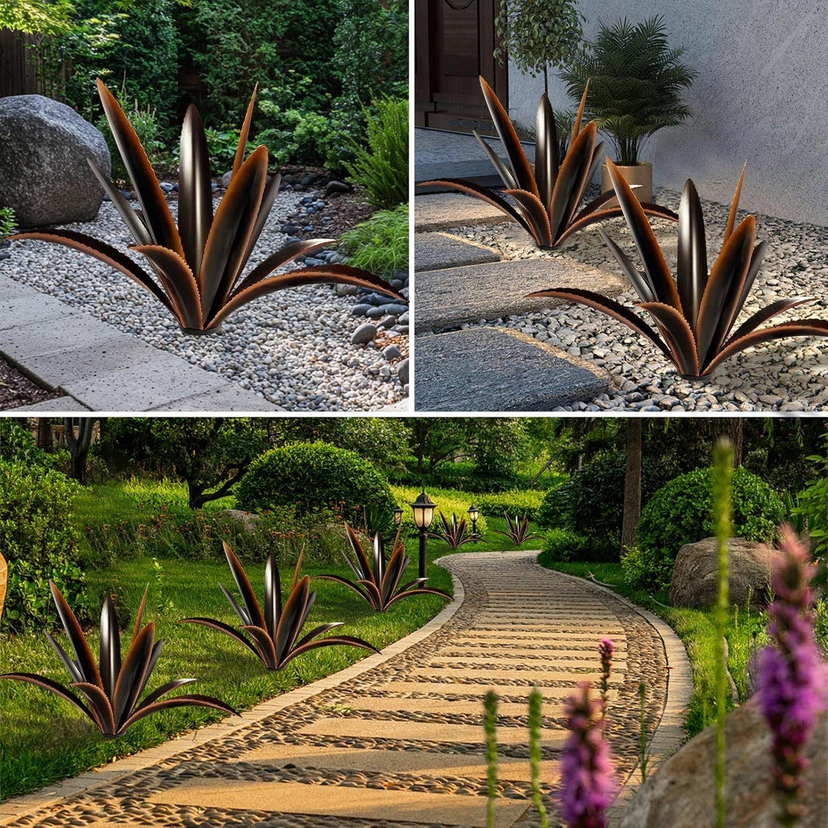 TOMBABY Enlarge Thickened Wind Resistant Metal Agave Garden Art Plant Country Garden Sculpture Statue Outdoor Decoration Agave Metal Plant Courtyard Ornament Gift (2, 12 Leaves Black)