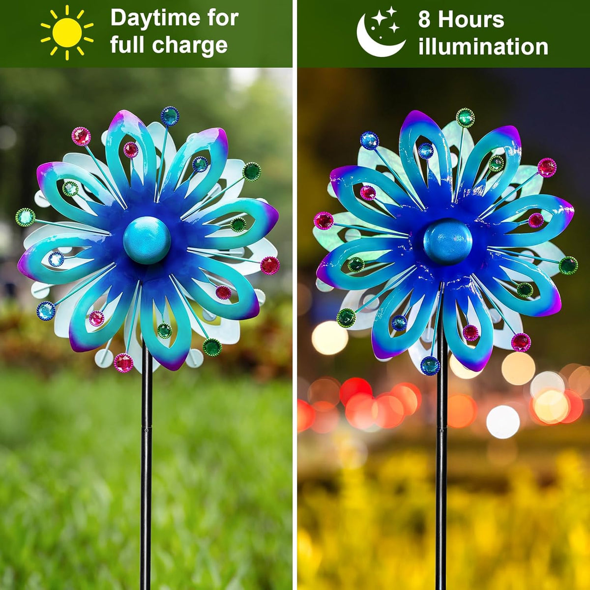 Solar Wind Spinners, 60.63" Outdoor Metal Stake Yard Wind Sculpture,Solar Powered Multi-Color LED Glass Ball with Kinetic Wind Spinners for Yard and Garden Lawn Patio Decor