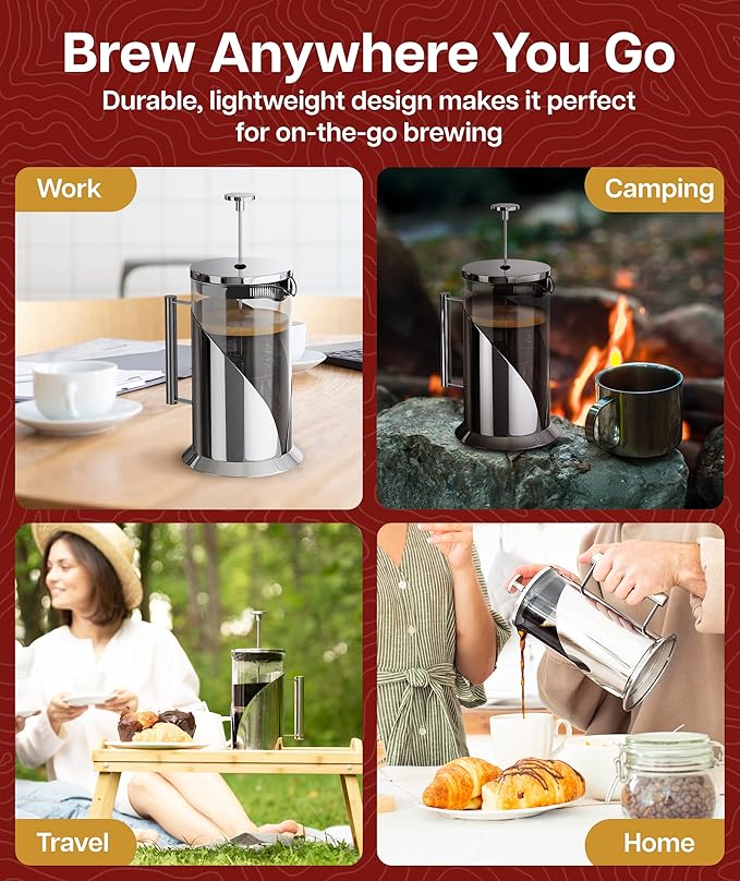 Cafe Du Chateau Stainless Steel French Press Coffee Maker 34 oz – Insulated Coffee Press with 4-Level Filtration, Manual Brewer for Tea, Camping & Travel, BPA-Free Glass (Pack of 2)