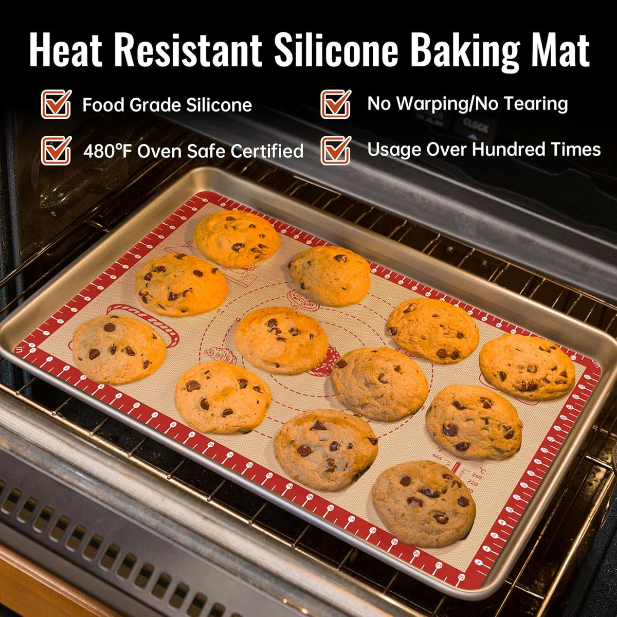 Extra Thick Silicone Mat for Baking, Silicone Baking Mat with 10 Easy Recipes, Non Stick Silicone Pastry Mat, kneading Dough Rolling Mat, Macaron, Cookie, bread, Pizza, Fondant/Pie Crust