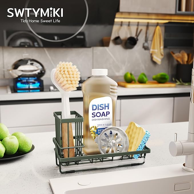 SWTYMIKI Sink Caddy Sponge Holder - Kitchen Sink Organizer with High Brush Holder for Countertop to Hold Dish Soaps and Sponges, Stainless Steel, Green