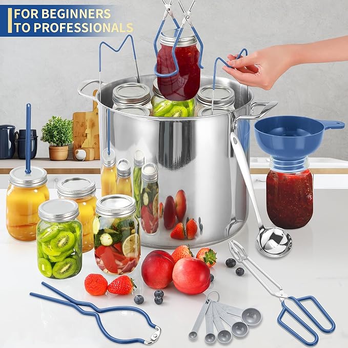 Canning Supplies Starter Kit,Canning Kit for Beginners of 9 with Jar Lifter，Wide Mouth Funnel,Wrench,Tongs,Lid Lifter,Bubble Popper,Canning Labels,ladle,Measuring Spoon-Blue