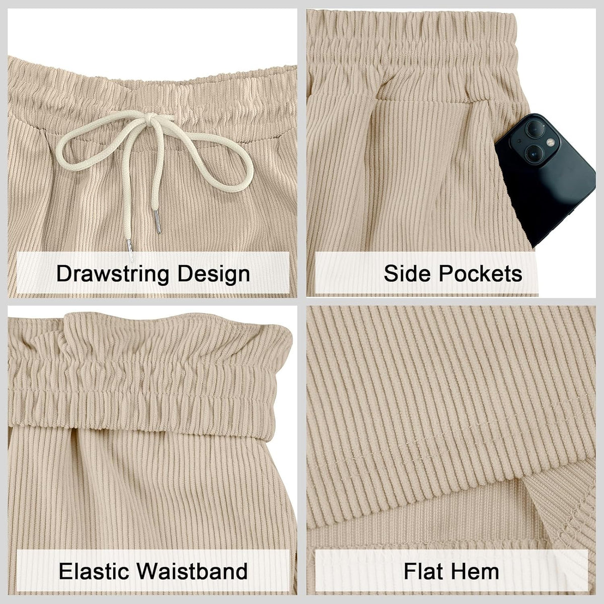 Mens Cargo Shorts Casual Drawstring Elastic Waist Corduroy Summer Beach Shorts with Pockets