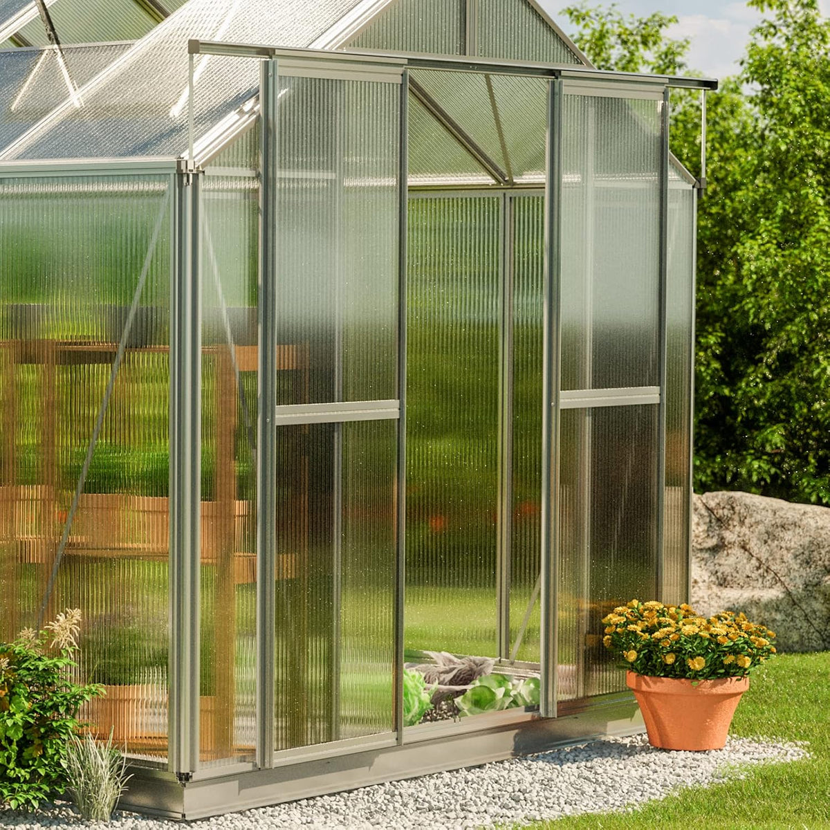 Greenhouse Saphir 3 Aluminum Frame 8.5 x 6.4 ft Approx. 8 mm Polycarbonate Panels - with Bonus Base Frame and Automatic Vent Opener