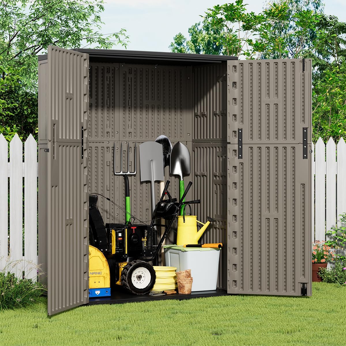 KINYING Outdoor Storage Shed,57 Cu.ft Vertical Outdoor Storage Cabinet Waterproof, Outdoor Resin Tool Shed for Patio Furniture, Garden Tools, Pool Accessories, Lawn Mower(Coffee Color)
