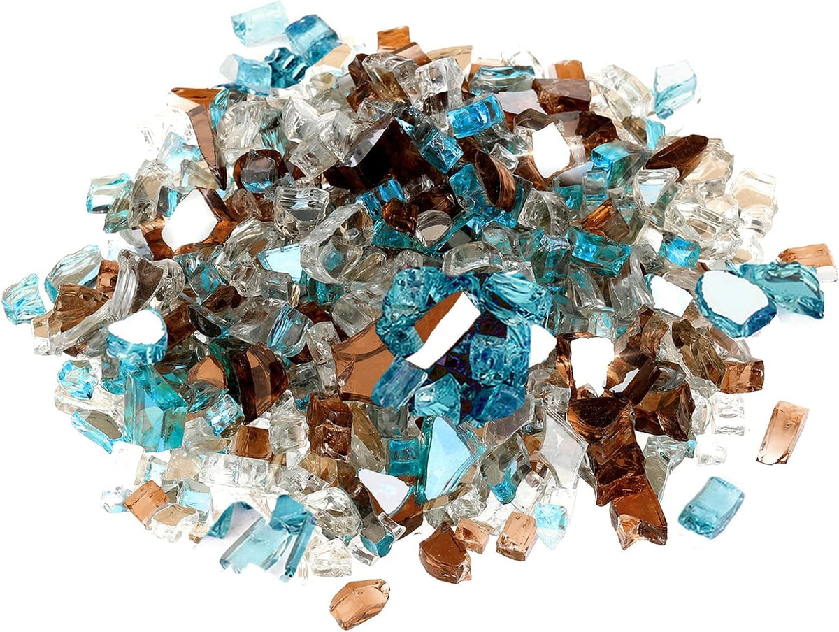 Mr. Fireglass Blended Reflective Fire Glass for Fire Pit Fireplace and Landscaping, 10 Pounds 1/4 Inch Mixed Colored High Luster Fireglass Rocks for Outdoor and Indoor Use Aqua Blue+Copper+Platinum
