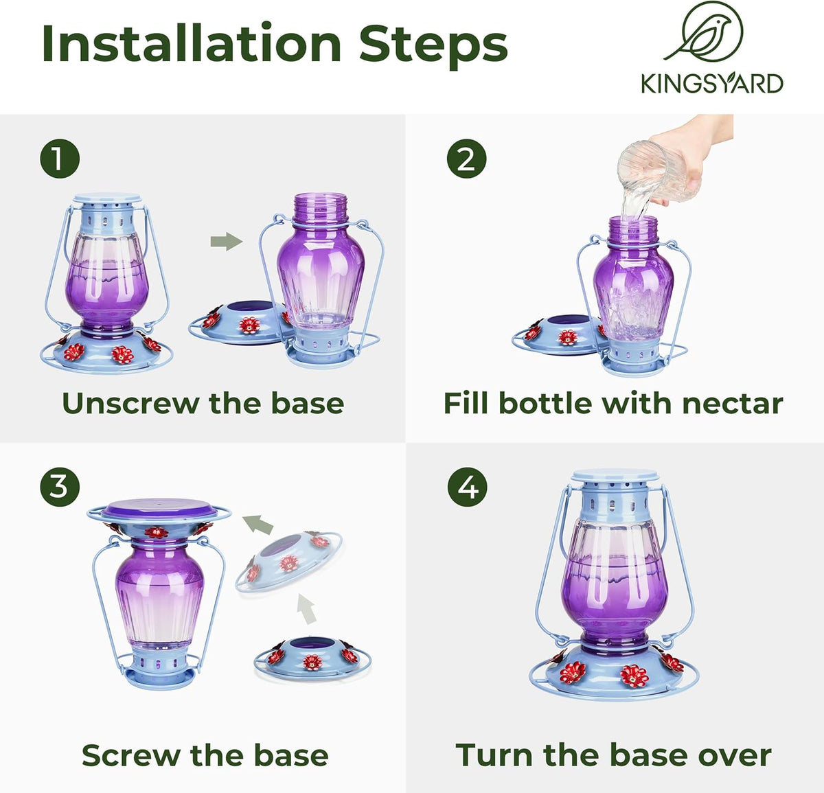 Kingsyard Glass Hummingbird Feeder for Outdoors Hanging - Vintage Lantern Style Leak-Proof Humming Bird Nectar Feeder with 6 Feeding Ports & Ant Moat for Outdoor Garden Decor, 24 Ounce, Purple