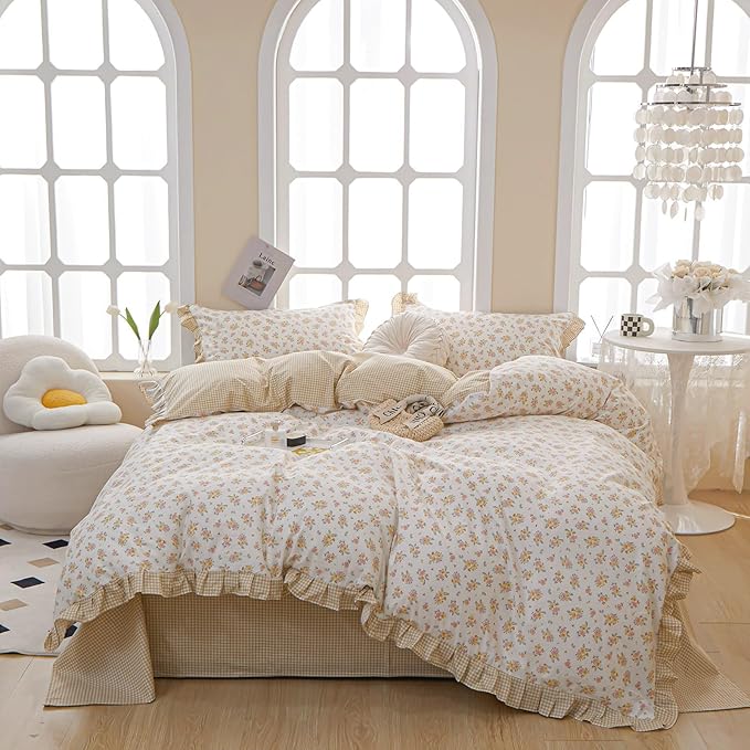 French Style Ruffle Floral Comforter Set Twin XL Vintage Garden Floral Bedding Comforter Reversible Yellow Plaid Bedding Set Rose Flowers Botanical Comforter Set with 2 Pillowcases for All Season