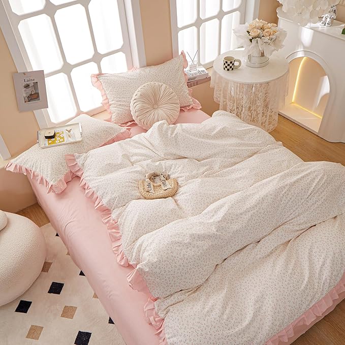 Pink Flower Comforter Set Twin XL 3 Pieces Ruffle Comforter Botanical Floral Pattern Romantic Princess Bedding Comforter Set with 2 Pillowcases Soft Fluffy Cottagecore Bedding Set for Teen Girls
