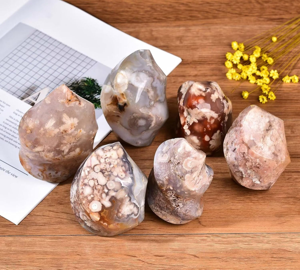 AMOYSTONE Cherry Blossom Agate Flame Shaped Stone Towers Obelisk Flower Agate Natural Healing Crystal Quartz Reiki Energy Decoration Home Office 1.5-2.2LBS