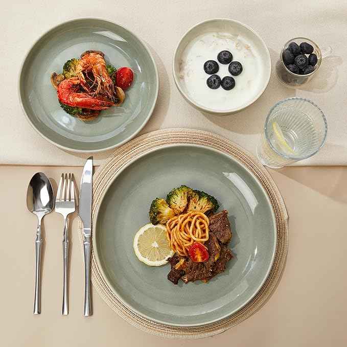 Stoneware Dinnerware Sets for 6, Microwave Safe Plate and Bowl Set, Easy to Clean & Durable Dishes Sets for Small to Medium Families, Gray Green