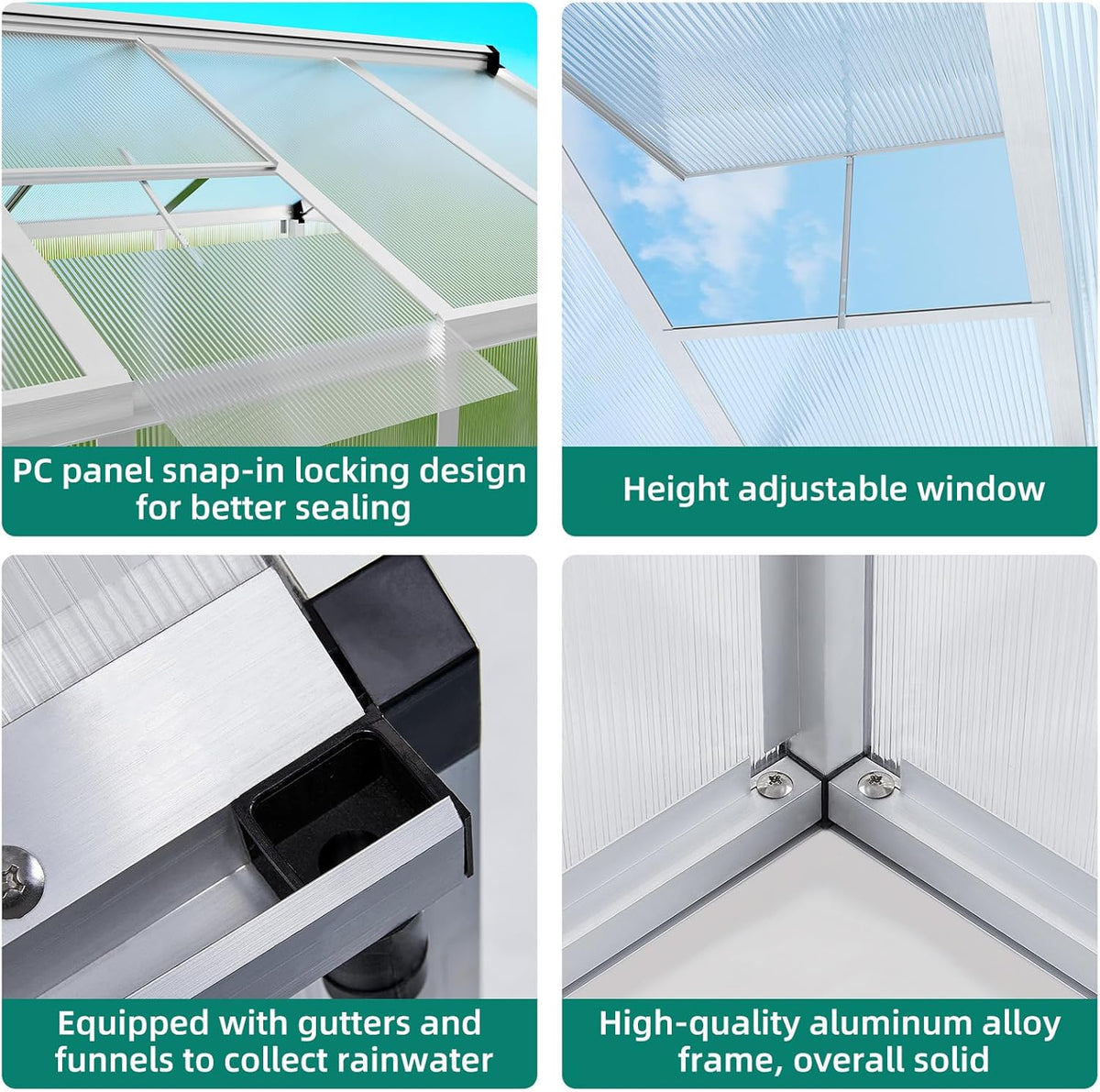 Garvee 6x10 ft Greenhouse - Aluminum Greenhouses for Outdoors, Large Polycarbonate Greenhouse with Roof Vent, Heavy Duty Walk-in Green Houses for Outside Garden, Backyard, Patio, Lawn, Easy Assembly