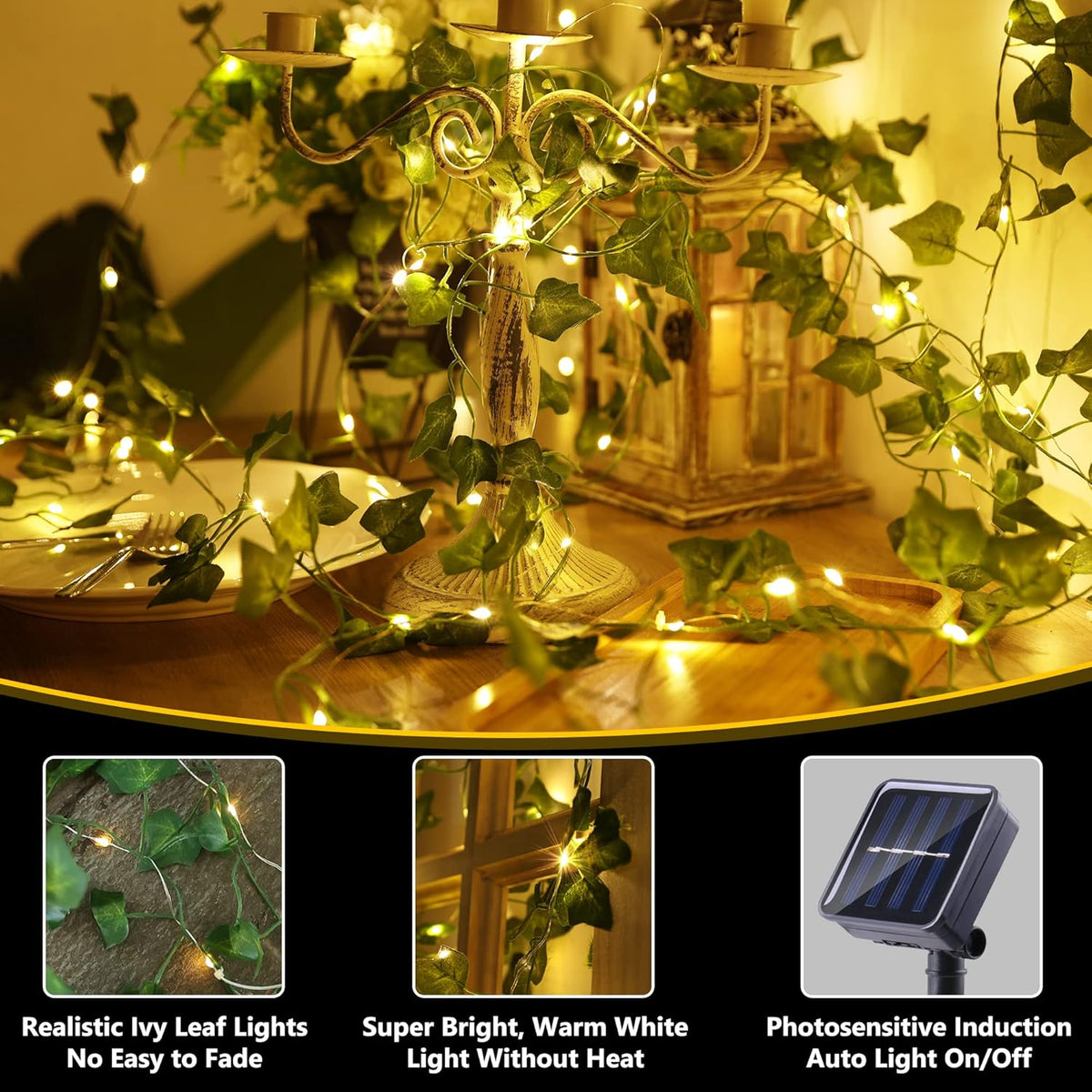 Brizled Solar Vine String Lights, 33ft 100 LED Solar String Lights, 8 Modes Artificial Ivy Leaf Solar Plant Vine Lights, Outdoor Ivy Fairy Lights for Outside Wedding Garden Fence Wall Hanging Decor