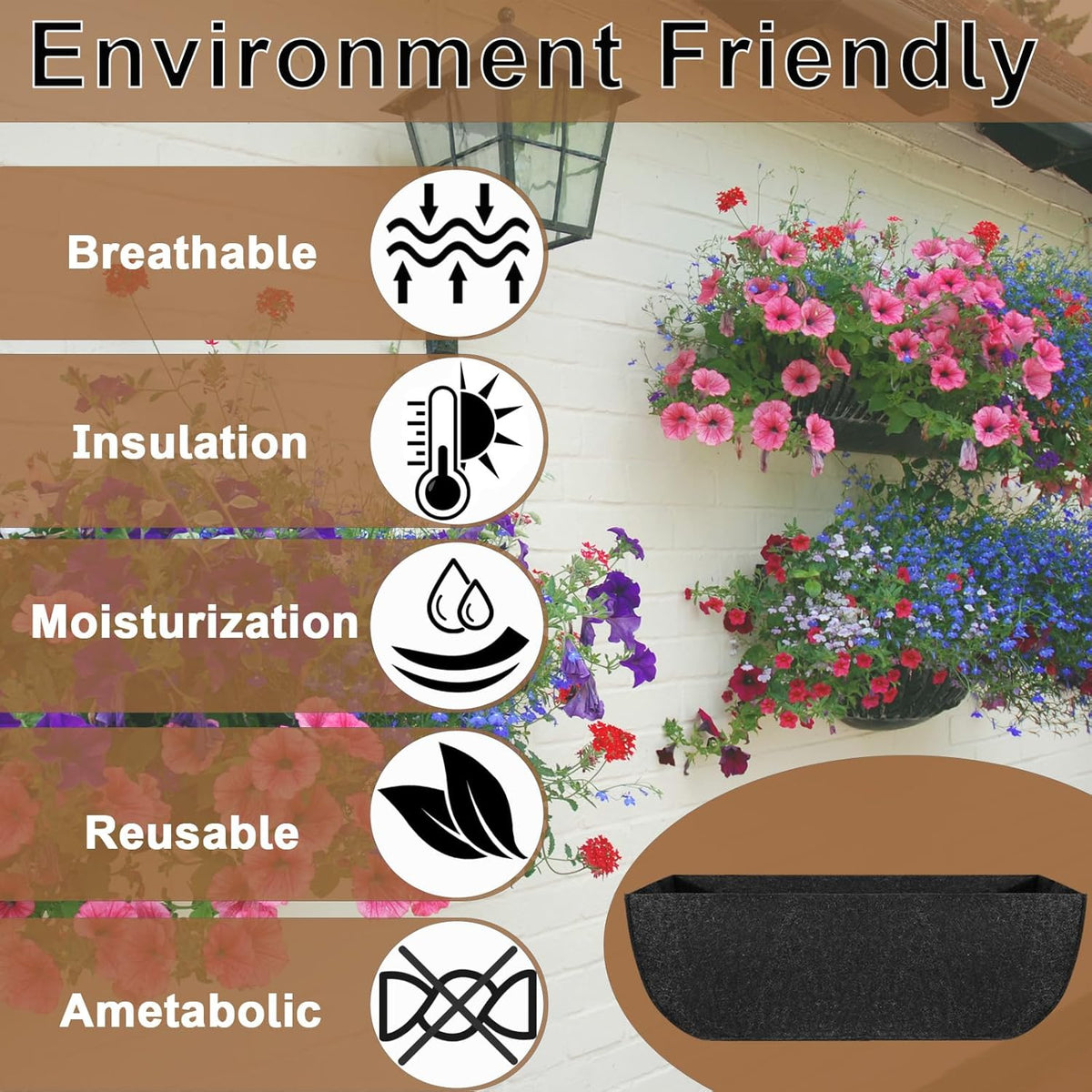 2-Pack 30in Planter Liners - Breathable Felt Hanging Basket and Window Box Liners - Prevent Root Suffocation and Bird Damage - Black