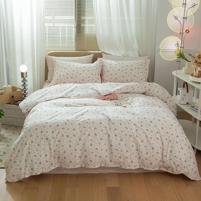 Pink Floral Comforter Set King Size Vintage Boho Floral Bedding Comforter Garden Style Aesthetic Flowers Comforter Set Fluffy Soft Cottagecore Bedding Farmhouse Botanical Comforter with 2 Pillowcases