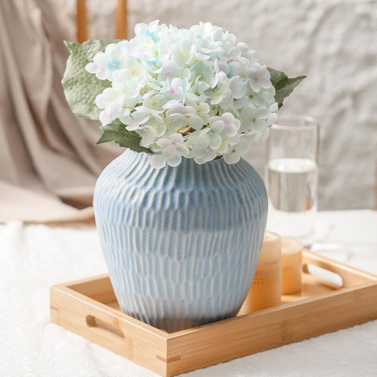 Ceramic Vase for Home Decor,7.8 Inch Flower Vases，Decorative Blue Vase for Pampas Grass，Modern Art Texture Vases for Home Entryway Living Room Dining Table Farmhouse Office Decor-Mat Blue