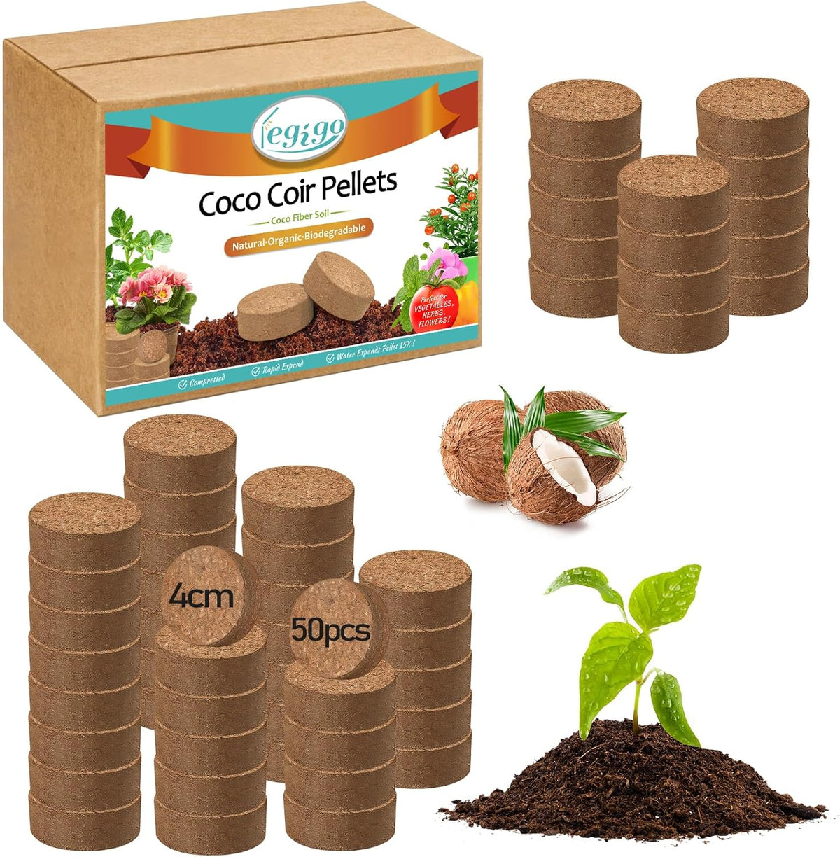 Legigo 50 Pcs 40mm Organic Coco Coir Pellets for Plants- Compressed Coconut Coir Potting Soil, Coco Fiber Pellets Coco Coir Soil for Planting, Garden, Bonsai, Herbs, Flower & Vegetables