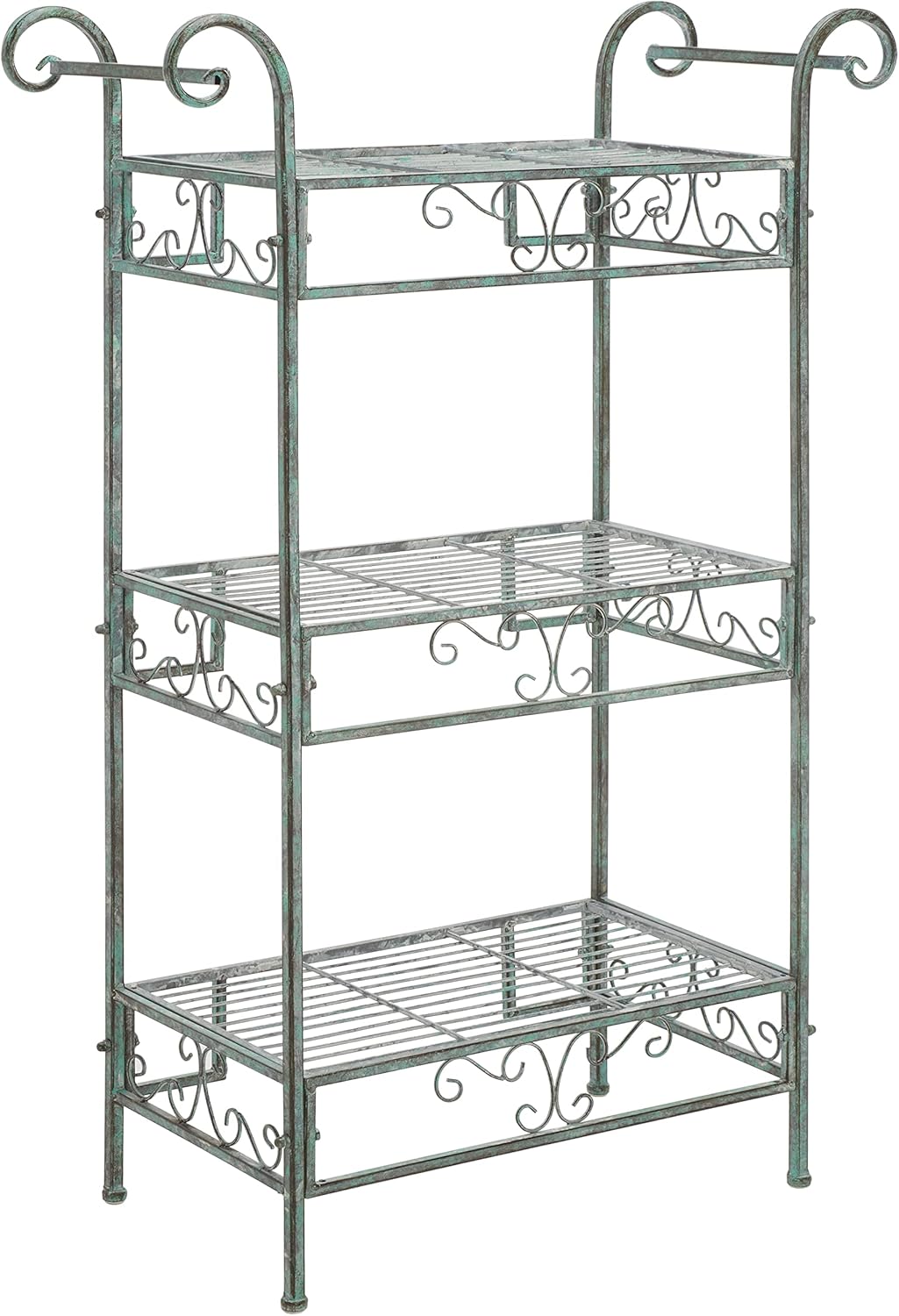 SAFAVIEH Outdoor Collection Noreen Victorian Scroll Antique Dark Green Wrought Iron 3-Tier Shelf