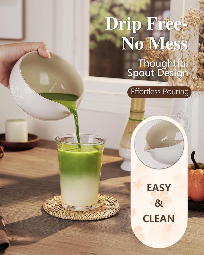 ZENS Matcha Whisk Set, Ceramic Matcha Set Includes 15oz Sakura Bowl, Bamboo Whisk & Chasen Holder, Scoop & Sifter-Tea Towel, 6pcs Matcha Kit for Matcha Lovers, White