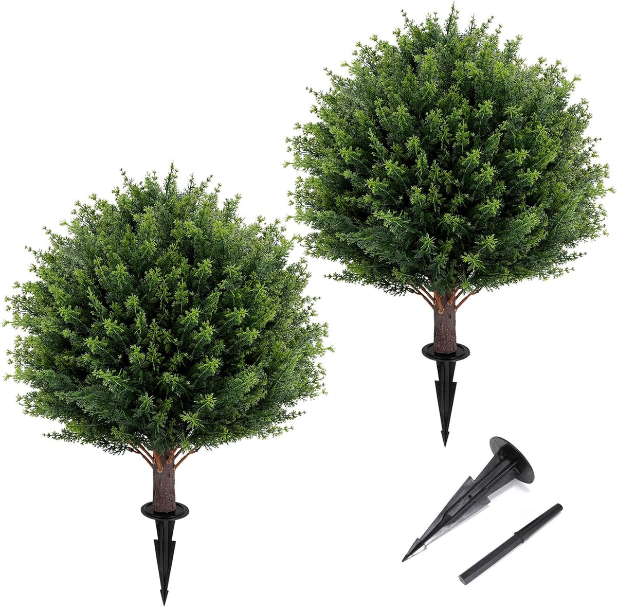 Artificial Cedar Topiary Ball Tree 23" with Ground Spike, Set of 2 Artificial Boxwood Bushes for Faux Shrubs, Fake Evergreen Faux Plant for Indoor Outdoor Porch Garden- UV Resistant – Fade-Proof