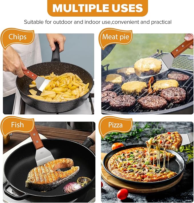 Metal Spatula Set for Kitchen Use,2Pcs Large Stainless Steel Spatulas for Cast Iron Skillet,Wood Handle Wok Flat Top Grill Griddle Spatula Turner Flipper Utensil Set for Burgers Pancake Egg Fish BBQ