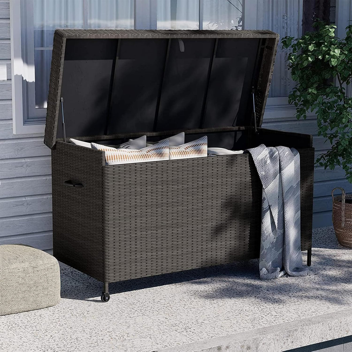 Grand patio 170 Gallon Deck Storage Box Deck Box Outdoor Storage Box Indoor Wicker Storage Bin Patio Storage Box for Patio Furniture Cushions Garden Tools Pool Accessories, Light Brown