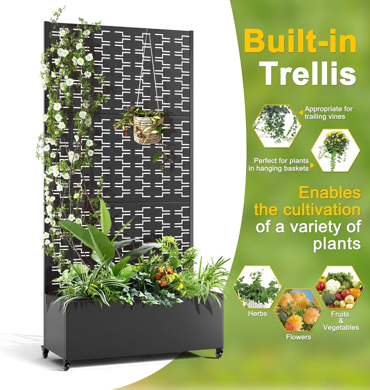 FENCY Metal Raised Garden Bed with Wheels and Trellis,73"x35"x16" Planter Box for Climbing Plants, Vegetables & Vines, Features Privacy Screen and Drainage Holes (Black-Brick)