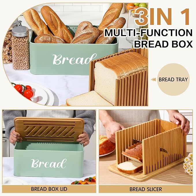 Bread Box with Bread Slicer Storage Container for Kitchen Countertop Food Storage with Multifunction Bamboo Lid, 3 in 1 Breadbox Removable Cut Board for Loaf Slicing(Green,Wood,Metal,Bamboo)