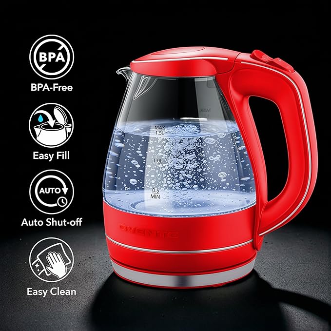 OVENTE Electric Kettle, 1.5L Borosilicate Glass Countertop Water Heater and Boiler for Coffee or Tea, BPA-Free, Auto Shut-Off, Boil-Dry Protection, Removable and Washable Spout Filter, Red KG83R