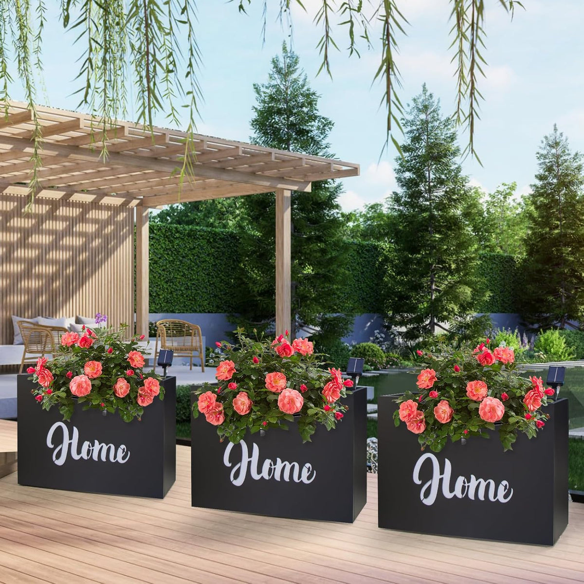 Metal LED Planter Box Rectangular Block - Galvanized Steel Long Planters Box with Solar Light Outdoor All-Weather Use with Drainage Holes for Cafe Bar Mall Patio/Porch/Entrance, 35.5×24×12IN（Home）