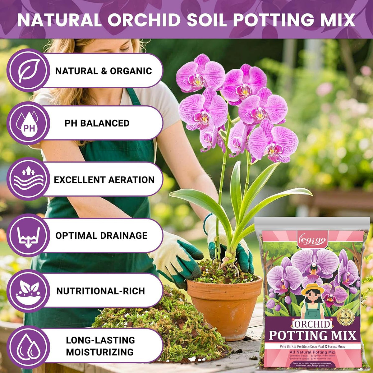 Legigo 6 QT Orchid Potting Mix- Natural Orchid Soil Mix for Repotting with Moss, Pine Bark, Coco Peat and Perlite, Enhanced Drainage Orchid Bark Potting Mix Repotting Kit for Indoor Plant Growth