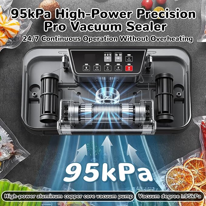 95Kpa Powerful Vacuum Sealer Machine, 11-in-1 Vacuum Sealer for Food with Double Seal, Built-in Cutter & Bag Storage, Vacuum Sealer for Dry Moist Food Preservation, Extend Freshness 8X Longer