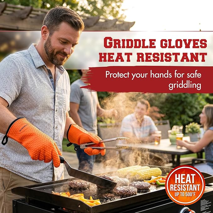 KITCHEN PERFECTION Silicone Oven & Griddle Gloves -Extreme Heat Resistant BBQ & Grilling Gloves -Handle Hot Food Right on Your Griddle |Waterproof Oven Mitts Grill Gloves |Superior Set+3 Bonuses