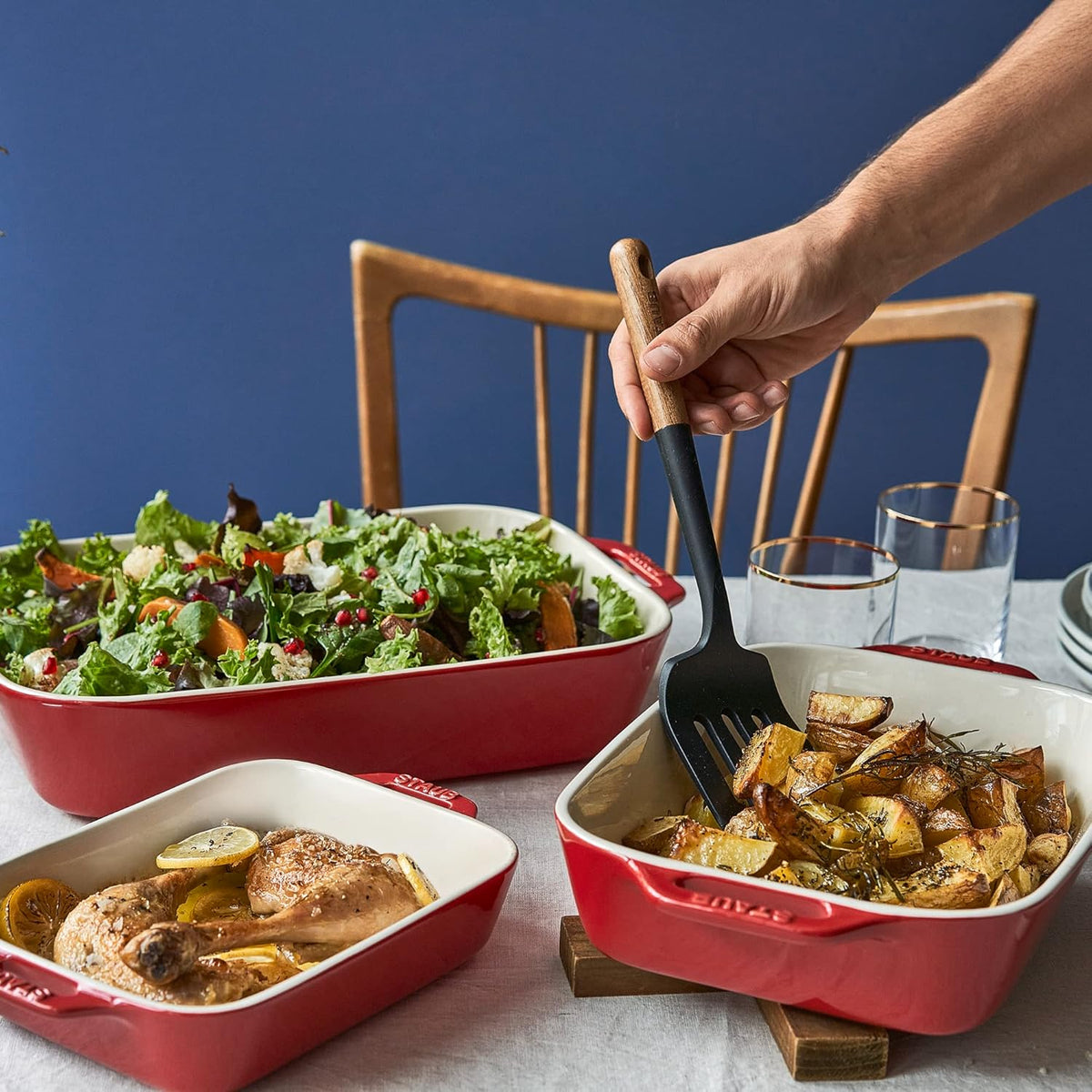 STAUB Cast Iron Set 4-pc, Stackable Space-Saving Cookware Set, Dutch Oven, Skillet, Grill Pan & Ceramic Baking Dish Set, 3pc, Cherry