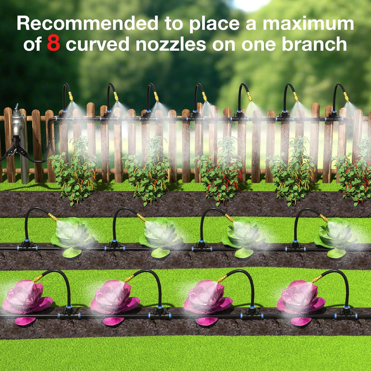 Mixc 200Ft 1/4" Drip Irrigation System,2025-Upgrade Garden Irrigation Kit with 32pcs Adjustable Copper Nozzles,Automatic Atomizing Watering System for Outdoor Plants,Raised Bed,Yard,Potted Plant,Lawn