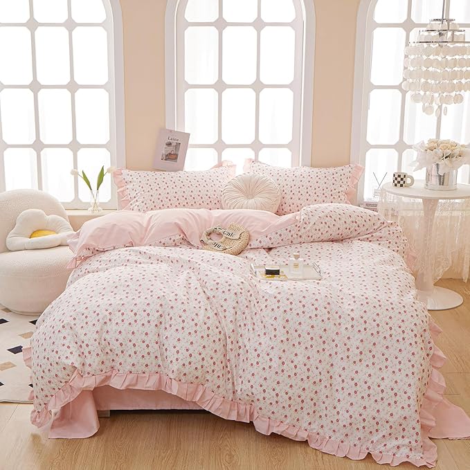 Pink Floral King Comforter Set Chic Flower Bedding Ruffled Comforter Set King Vintage Garden Floral Comforter with Lace Reversible Flower Botanical Comforter Fluffy All Seasons Bedding Set King