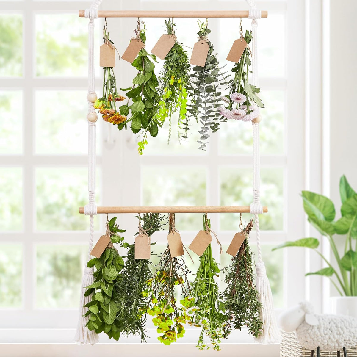 2Tier Herb Drying Rack Flower Drying with 25PCS Brown Gift Tags and 32ft Natural Jute Twine herb Dryer,Herb Drying Rack,Hanging Herb Dryer Rack, Ivory