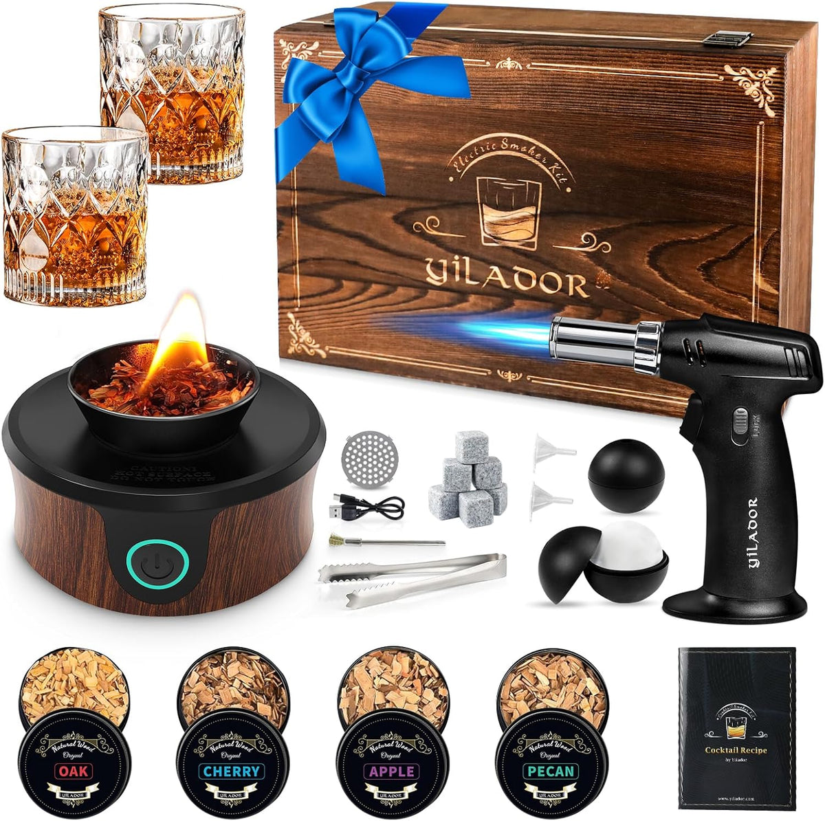 Electric Whiskey Smoker Kit with Torch, Premium Wooden Box, 4 Wood Chips, Ice Molds, Recipes, Cocktail Smoker Kit for Bourbon & Old Fashioned, Ideal Gift for Dad, Husband and Men (No Butane)