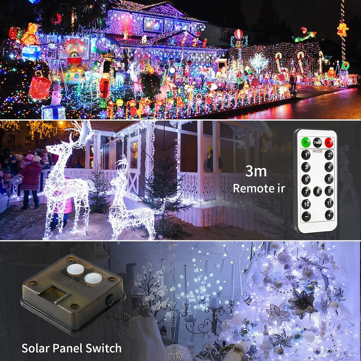 JMEXSUSS 2 Pack Solar Christmas Lights Outdoor Waterproof, 100 LED 33ft White and Multicolor Color Changing Solar Fairy Lights, Copper Wire Solar String Lights for Outside Yard Christmas Decorations