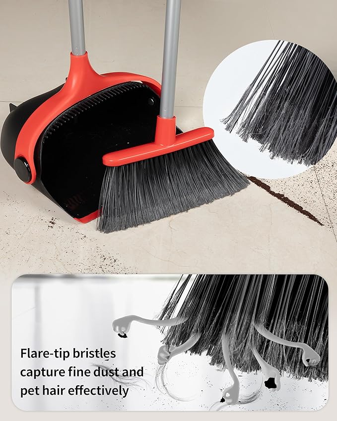 MR.SIGA Broom and Dustpan Set with Long Handle, Stand Upright Broom with Dustpan Combo for Floor Cleaning, Lightweight Sweeping Set for Indoor and Outdoor Use, 51.7"(131 cm) Long Handle, Black & Red