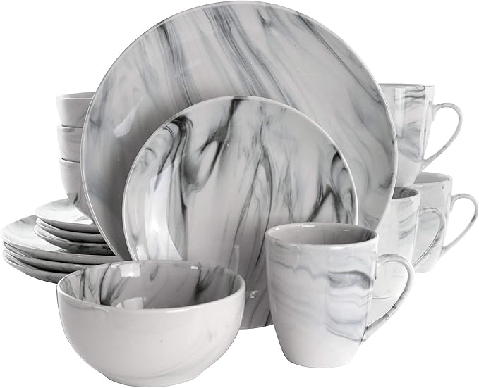 Elama Fine Marble 16 Piece Stoneware Dinnerware Set in Black and White