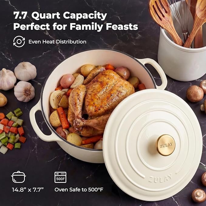 Zulay Kitchen 7.7 Quart Enameled Cast Iron Dutch Oven Pot with Lid – Premium Durability & Oven Safe up to 500°F – Heavy Duty Cookware Perfect for Bread Baking, Stews, Braising & Roasting – Ivory