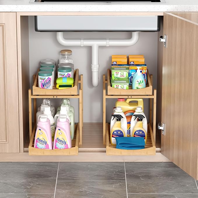 MHXW SXPN Bamboo Under Sink Organizer and Storage, Pull Out Cabinet Organization, 2 Tier Vertical Slide Out Undersink Storage Shelf, Organizer Shelves for Kitchen Bathroom Medicine (Natural, 2 Pack)