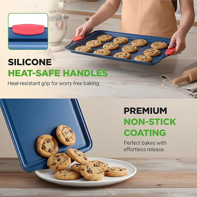 NutriChef 3-Piece Nonstick Cookie Sheets for Baking - Premium Carbon Steel Baking Trays w/ Non-Stick Smooth Coating & Silicone Handles - Large, Medium, & Small Bakeware - Blue