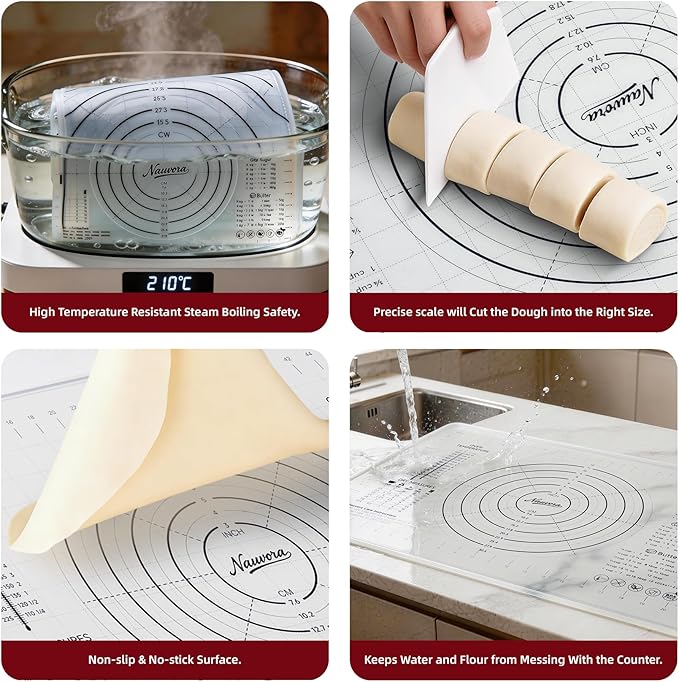 Extra Large Silicone Pastry Mat 24" - Non-Slip Liquid Silicone Baking Sheet with Measurements Anti-Spill Edge - Food Grade Dough Rolling Mat for Kneading Pie Crust, Bottom Marker, Transparent