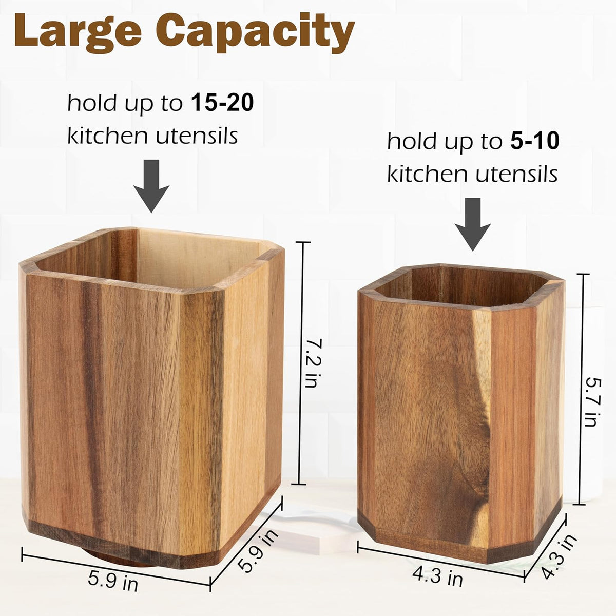 RedCall 2 Pack Acacia Wood Utensil Holder, 360° Rotating Large Cooking Utensil Organizer, Kitchen Tool Storage for Countertop,Spoon Spatula Holder for Kitchen Counter,Farmhouse Decor