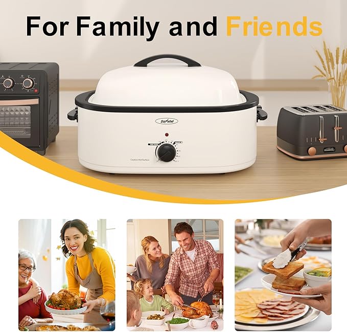 Royalcraft Roaster Oven with Self-Basting Lid, 18qt Electric Roaster with Removable Pan & Rack, Turkey Roaster Oven with Defrost & Warm Function, Stainless Steel, White