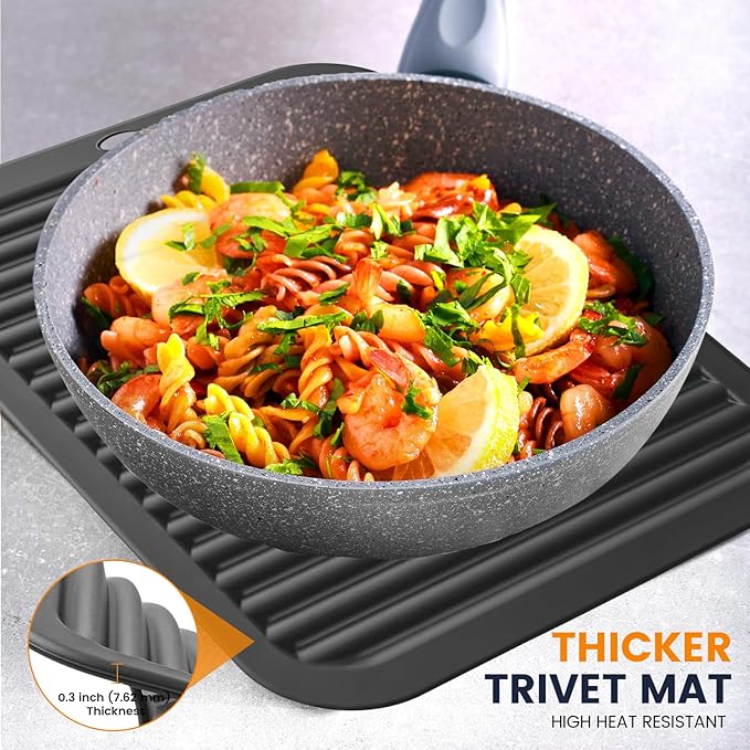 Silicone Trivet Mats 2 Heat Resistant Pot Holders Multipurpose Non-Slip Hot Pads for Kitchen Potholders, Drying mat, Jar Opener, Spoon Holder, Coaster.(Jet Black)