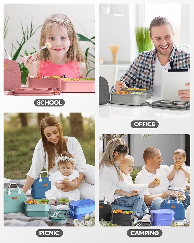 Adults Bento Box with Insulated Lunch Bag, 74oz Capacity 3 Stackable Leak-Proof Bento Box Built-In Utensil and Sauce, PFAS & BPA-Free, Microwave & Dishwasher Safe (Astral Black)